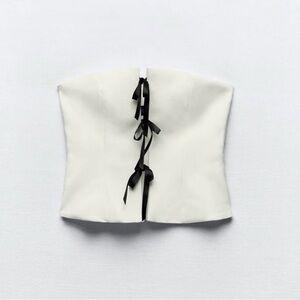 Zara White Strapless Corset Top with Black Ribbon Ties